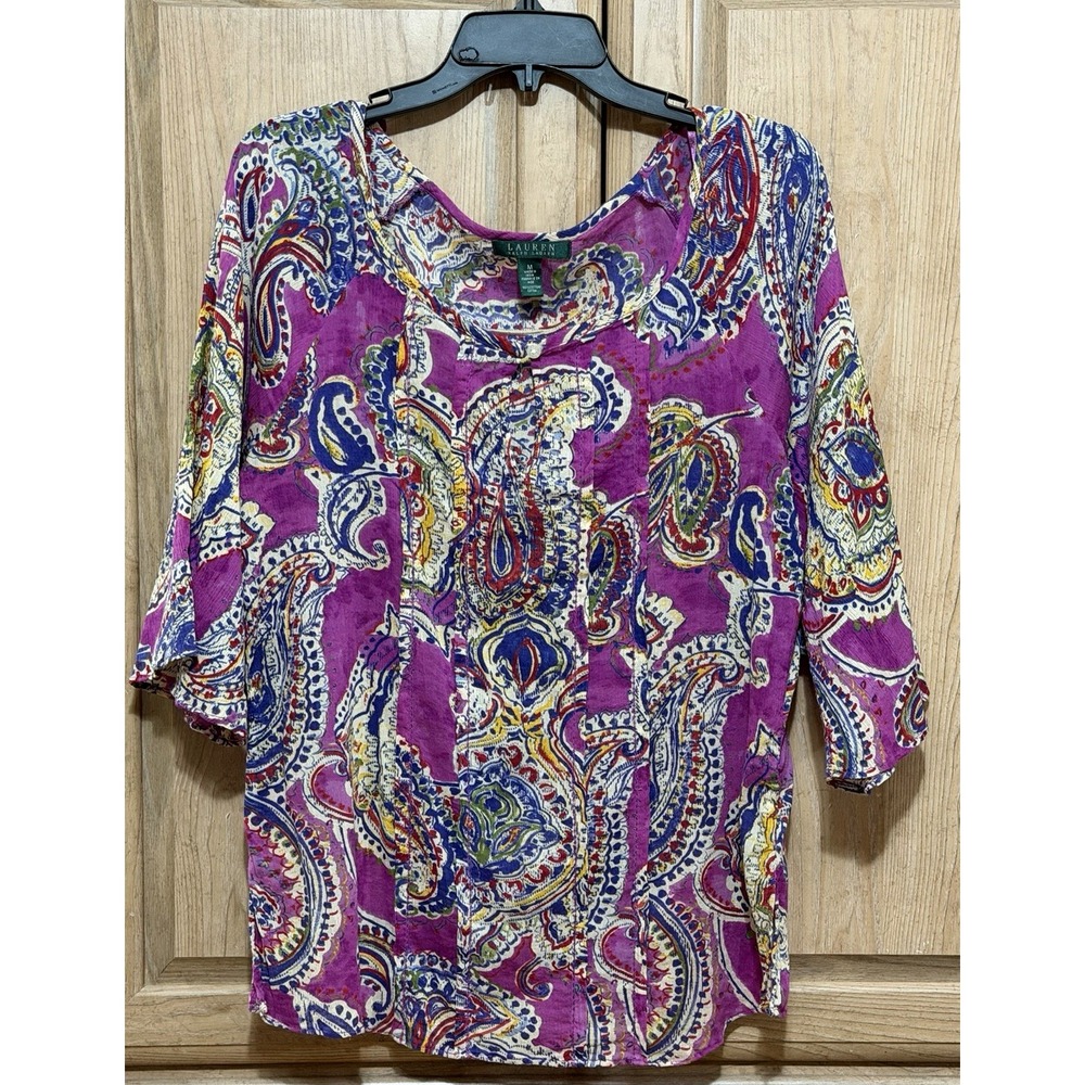 Lauren Ralph Lauren Pink Paisley Blouse Top Women's Medium 3/4 Sleeve Bohemian